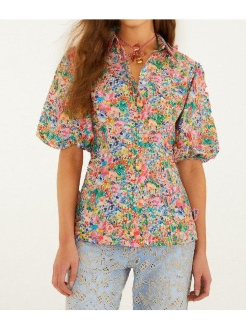 Farm Rio Off-White Peasant Floral Butterflies Blouse Multi-Color Size Medium